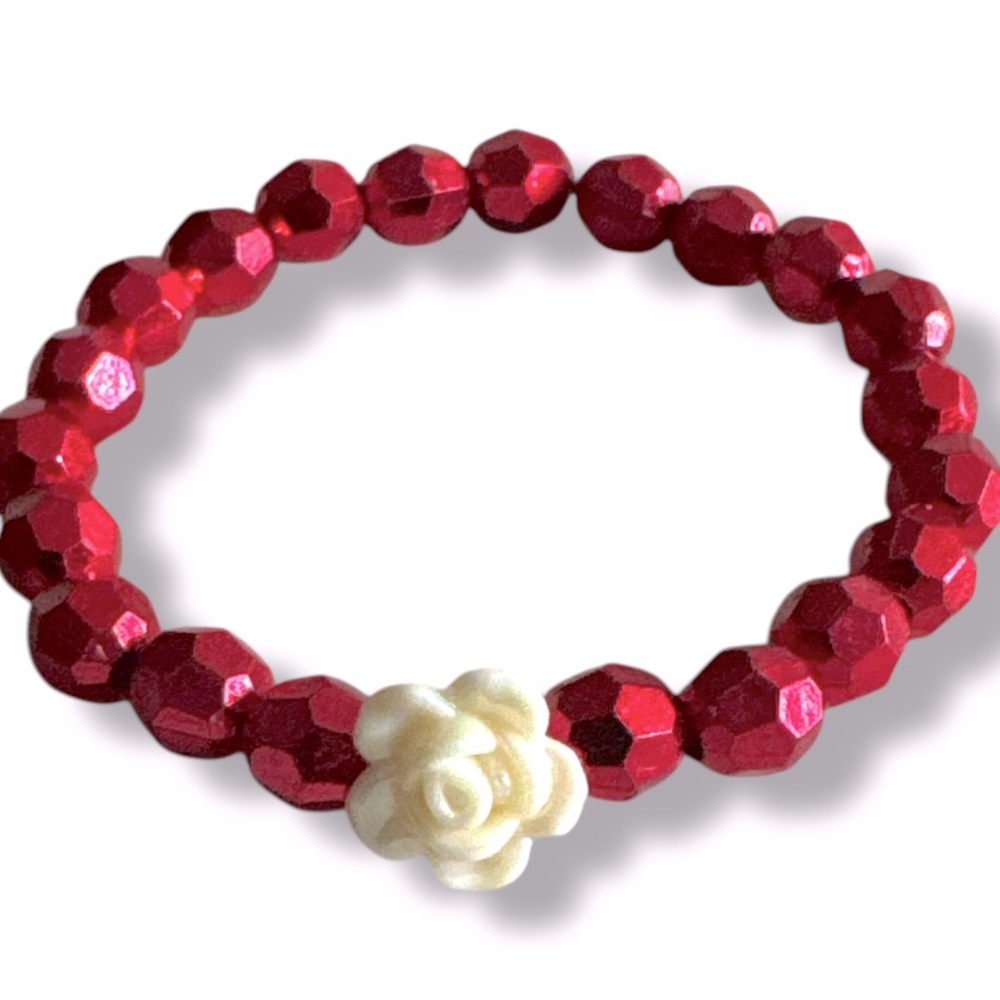 3 FOR $10 HANDCRAFTED Metallic Red Glass White Rose Beaded Bracelet